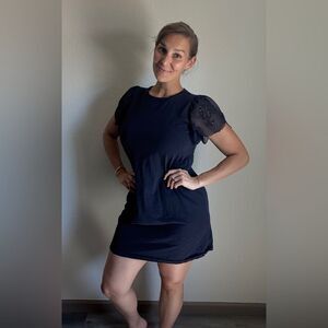 Express Flutter Sleeve Dress Navy Blue Medium Preppy Minimalist Feminine